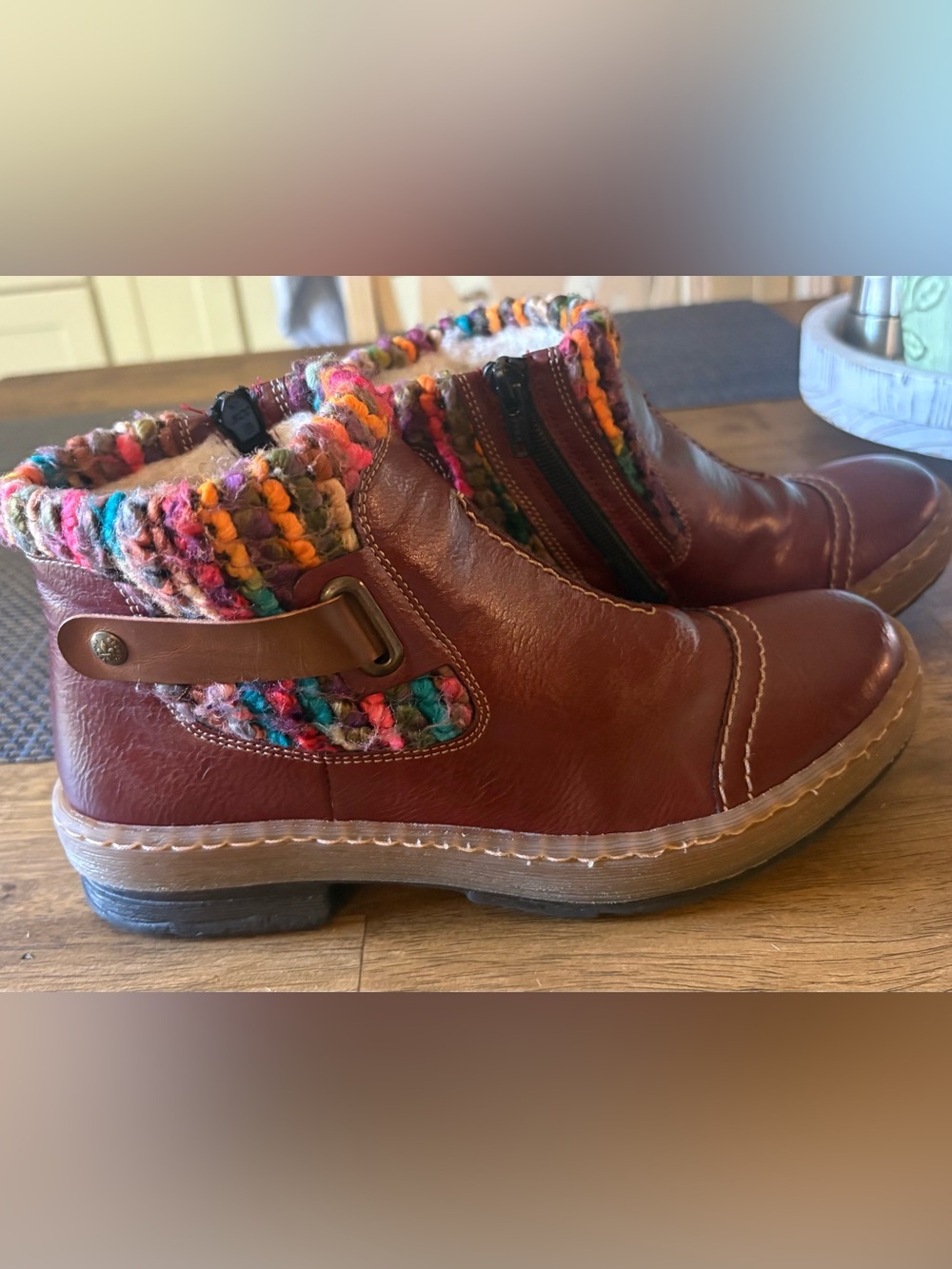 Rieker Mahogany Leather Ankle Boots with Multicolor Knit Cuff